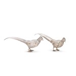 A pair of novelty Edwardian silver pheasant pepper shakers, Maurice Geffroy overstamping William Hornby, London, 1905