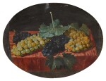 Still Life of Black and Green Grapes on a Ledge Covered in Crimson Velvet