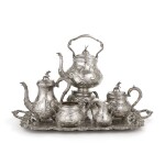 A VICTORIAN SILVER FOUR-PIECE TEA AND COFFEE SET WITH PLATED KETTLE ON LAMPSTAND AND SIMILAR PLATED TRAY, ROBERT HUTTON, SHEFFIELD, 1871