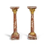 A Pair of Neoclassical Style Gilt-Bronze-Mounted Rouge du Languedoc Marble Corinthian Column Pedestals