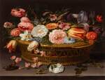 Still life of roses, carnations, tulips, narcissi, irises, love-in-a-mist, larkspur, and other flowers, in a wicker basket, with a butterfly and a cricket