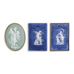 A PAIR OF FRENCH PÂTE-SUR-PÂTE BLUE-GROUND RECTANGULAR PLAQUES AND AN OVAL GREEN-GROUND PLAQUE, 'LA TOILETTE', BY TAXILE DOAT  DATED 1881 AND 1883