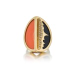 Coral, Onyx and Diamond Ring