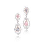 Pair of Fancy Coloured Diamond and Diamond Pendent Earrings | 1.02 克拉 濃彩紫粉紅色鑽石 及 1.01克拉 彩灰藍色鑽石  配 鑽石 耳墜一對