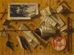 Trompe l'œil still life of letters, sheet music, an engraving, a drawing and writing implements affixed to a wooden board