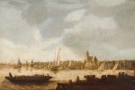 DUTCH SCHOOL, 18TH CENTURY | View of a coastal city with a cathedral, a ferry in the foreground