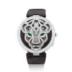 CARTIER | LE CIRQUE ANIMALIER DE CARTIER PANTHER, REFERENCE HPI00338   A LIMITED EDITION WHITE GOLD, DIAMOND AND EMERALD-SET WRISTWATCH WITH CONCEALED BLACK ENAMEL DIAL, CIRCA 2010" | 卡地亞 | Le Cirque Animalier De Cartier Panther 型號HPI00338  限量版白金鑲鑽石及綠寶石腕錶，備隱藏式黑琺瑯錶盤，錶殼編號3238M及052/100，約2010年製"