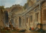 HUBERT ROBERT | THE TEMPLE OF DIANA AT NIMES WITH FIGURES IN THE FOREGROUND INCLUDING AN ARTIST SKETCHING