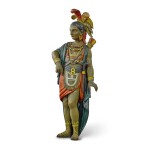 VERY FINE AND RARE CARVED AND POLYCHROME PAINT-DECORATED WOOD TOBACCONIST WALL MOUNTED NATIVE AMERICAN TRADE FIGURE, CIRCA 1880