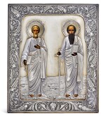 A Russian parcel-gilt silver icon of Apostles Peter and Pavel, maker's mark Cyrillic 'IV', Moscow, 1908-1917