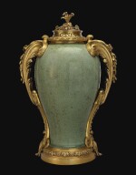 A LOUIS XV GILT-BRONZE MOUNTED CHINESE CRACKLE-GLAZED CELADON VASE, THE PORCELAIN QING DYNASTY, 18TH CENTURY, THE MOUNTS CIRCA 1760, IN THE MANNER OF DUPLESSIS