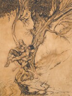 Arthur Rackham | Original illustration for unidentified title (Two men fighting on a river bank)