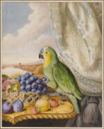 A parrot eating from a bowl of grapes, plums, peaches and strawberries with a river landscape beyond