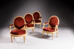 A set of four Louis XVI giltwood armchairs à châssis, attributed to Nicolas Parmentier, circa 1790 | Suite de quatre fauteuils à châssis en noyer doré d'époque Louis XVI, attribués à Nicolas Parmentier, vers 1790