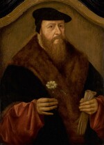 FOLLOWER OF BARTHOLOMÄUS BRUYN THE ELDER | Portrait of a bearded man, half-length, holding gloves and a carnation