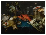 WORKSHOP OF FRANS SNIJDERS | STILL LIFE WITH A LOBSTER ON A SILVER DISH, A DEAD HARE AND OTHER GAME, BLUE AND WHITE GRAPES ON A SILVER-GILT TAZZA, ARTICHOKES, ASPARAGUS, A WAN-LI KRAAK BOWL WITH STRAWBERRIES IN A COPPER BUCKET, ALL ARRANGED ON A TABLE DRAPED WITH A BLUE VELVET CLOTH