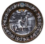 A Limoges grisaille painted enamel plate depicting the Month of August, Attributed to Pierre Reymond (1513-1584), Circa 1570-1580