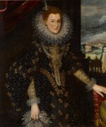 Portrait of the Archduchess Isabella Clara Eugenia of Austria (1566 - 1633), three-quarter length, holding a lace handkerchief and resting a hand on the back of a chair
