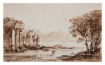 Landscape with a classical portico and ships in the distance, after Claude Lorrain