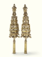 A PAIR OF LARGE ENGLISH SILVER-GILT TORAH FINIALS, CHARLES REILY & GEORGE STORER, LONDON, 1842