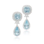 Pair of aquamarine and diamond pendent ear clips