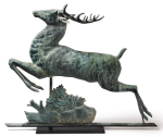 EXCEPTIONAL FULL-BODIED MOLDED COPPER AND ZINC STAG LEAPING OVER A SHRUB WEATHERVANE, HARRIS & CO., BOSTON, MASSACHUSETTS, CIRCA 1880