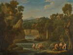 HENDRIK FRANS VAN LINT, CALLED LO STUDIO | A wooded arcadian landscape with a satyr and nymphs, with a distant view to the Temple of Vesta at Tivoli