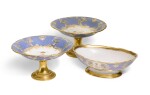 TWO PORCELAIN TAZZAS AND A VEGETABLE DISH FROM THE FARM PALACE BANQUET SERVICE, IMPERIAL PORCELAIN FACTORY, ST PETERSBURG, PERIOD OF ALEXANDER III (1881-1894) AND NICHOLAS II (1894-1917)