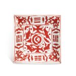 An iron-red 'crane and trigram' square dish, Mark and period of Jiajing 明嘉靖 礬紅彩八卦壽鶴紋方盤 《大明嘉靖年製》款