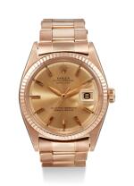 ROLEX | DATEJUST, REFERENCE 1601, A PINK GOLD WRISTWATCH WITH DATE AND BRACELET, CIRCA 1960