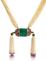 A MUGHAL EMERALD CRYSTAL SET IN ENAMELLED MOUNT WITH SEED-PEARL STRING NECKLACE, NORTH INDIA, 18TH/19TH CENTURY AND LATER