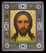A gem-set silver filigree and cloisonné enamel Icon of The Holy Face, Pavel Ovchinnikov, Moscow, 1899-1908