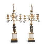 A Pair of Louis XVI White Marble, Gilt, and Patinated Bronze Figural Three-Light Candelabra, Possibly Russian, Circa 1785