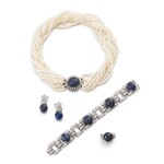 Set of sapphire, cultured pearl and diamond jewels | Ensemble de bijoux saphirs, perles de culture et diamants