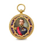 A gold and enamel hunting cased lever watch made for the Ottoman market with polychrome enamel painted portrait of Napoleon iii and the 1855 Paris Universal Exhibition's Palais de l'Industrie Circa 1855, no. 45396