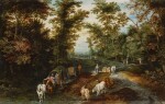 A woodland road with travellers, herdsmen and cattle