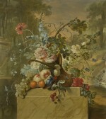 CIRCLE OF WILLEM VAN LEEN | A pair of still lifes of fruit and flowers in baskets on marble socles, in a landscape setting