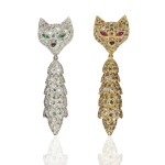 Pair of diamond, ruby and emerald pendent earrings, 'Foxes', Michele della Valle
