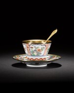 A gold-mounted Japanese Imari porcelain cup and saucer with a gold spoon and fitted case, the cup and saucer mounts, Jean Gaillard, Paris, 1727-32; the spoon 1717-22; the porcelain late 17th/early 18th century