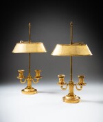 A pair of late Louis XVI gilt-bronze lampes bouillotte, circa 1780 | Paire de lampes bouillotte en bronze doré de la fin de l'époque Louis XVI, vers 1780