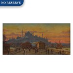 Constantinople, a view of the Galata Bridge at sunset