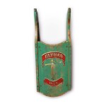FINE AND RARE CHILD'S GREEN AND POLYCHROME PAINT-DECORATED WOOD SLED WITH FIREMAN BLOWING HIS HORN , 1882