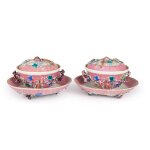 A Rare Pair of Chinese Export Famille-Rose Molded Chrysanthemum-form Ecuelles, Covers and Stands, Qing Dynasty, Yongzheng/ Qianlong Period | 清雍正 / 乾隆 粉彩浮雕菊式雙耳蓋盌連托盤