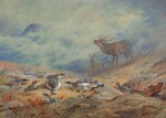 ARCHIBALD THORBURN | The Call of the Highland Monarch, Red Deer and Ptarmigan in Summer Plumage