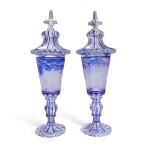 A pair of Czech part-blue-stained and engraved glass massive goblets and covers, 20th century