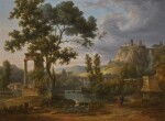CIRCLE OF PIERRE-HENRI DE VALENCIENNES | An extensive mountainous classical Italianate landscape with figures by a small lake, a hill-top town to the right