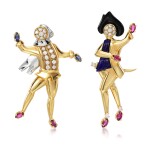 Pair of gem set and diamond brooches, 'Commedia dell'arte'
