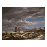 JOHN CONSTABLE, R.A. | A WINTER LANDSCAPE WITH WITH FIGURES ON A PATH, A FOOTBRIDGE AND WINDMILLS BEYOND (AFTER JACOB VAN RUISDAEL)