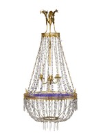 A NORTHERN EUROPEAN NEOCLASSICAL GILT BRONZE, BLUE GLASS, AND CUT CRYSTAL THREE LIGHT CHANDELIER, 19TH CENTURY