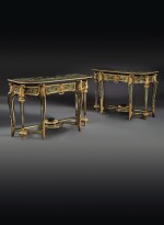 TWO LATE LOUIS XIV/EARLY REGENCE GILT BRONZE MOUNTED EBONY, TORTOISESHELL AND BRASS MARQUETRY CONSOLE TABLES ATTRIBUTED TO ANDRE-CHARLES BOULLE OR HIS WORKSHOP, CIRCA 1720